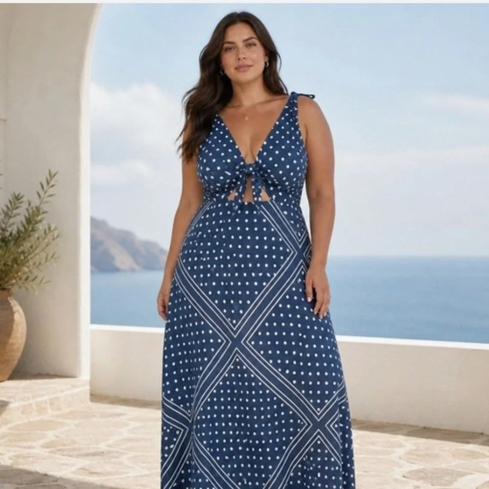 Abercrombie & Fitch Blue Polka Dot Tie-Front Cutout Maxi Dress L Vacation Summer